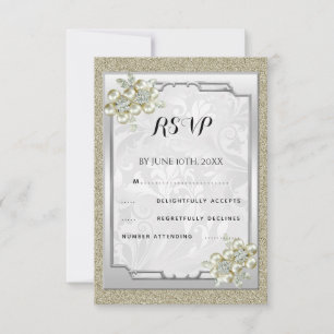 Blumengeschmücktes Juwel gerahmt, Goldene und Silb RSVP Karte