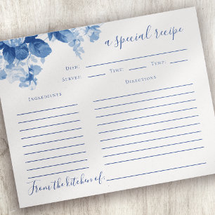 Blumengestaltete blaue Hochzeitsdusche-Rezeptkarte