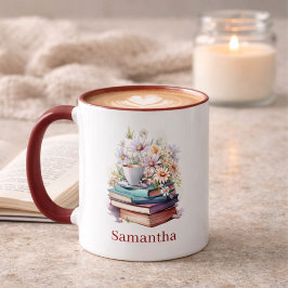 Blumengestapelte Bücher Personalisierter Burgunder Tasse