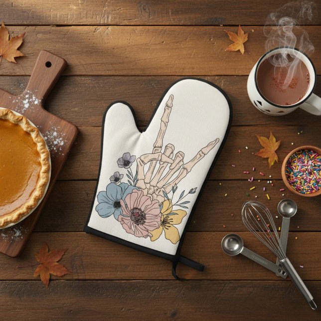 Blumengestein auf Skeletthandschuh Mitt Ofenhandschuh (Floral Rock On Skeleton Hand Oven Mitt)