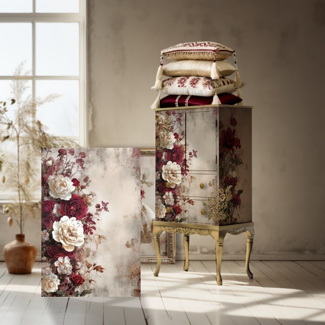 Blumengestein, französischer Chic, Rose & Peony Seidenpapier (Burgundy Red & Beige White, Romantic, Shabby Chic, Roses & Peony, Tattered Floral, Decoupage Paper)