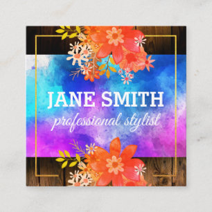 Blumengewässer Bouquet Gold Grenze Rustikales Holz Quadratische Visitenkarte
