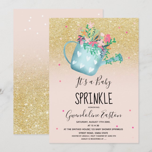 BlumenGießkannegoldbaby besprühen Dusche Einladung (Vorne/Hinten)