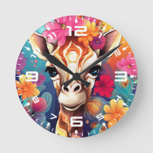 Blumengiraffe Portrait-9320 Runde Wanduhr