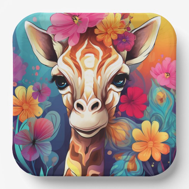 Blumengiraffe Portrait-9321 Pappteller (Vorderseite)