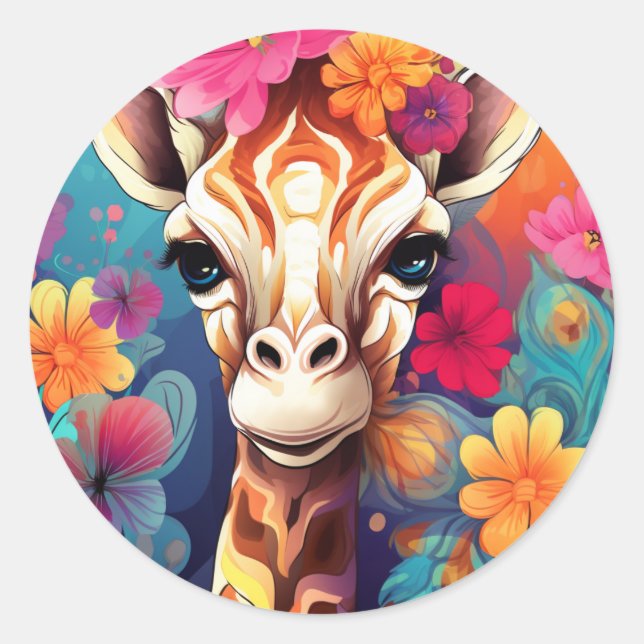 Blumengiraffe Portrait-9321 Runder Aufkleber (Vorderseite)