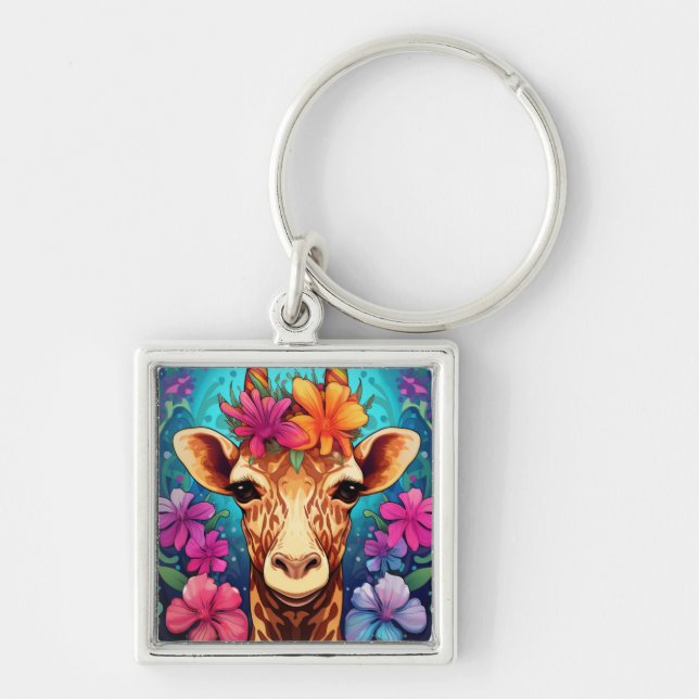 Blumengiraffe Portrait-9321 Schlüsselanhänger (Vorne)