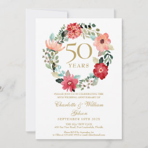 Blumengirlande Chic Gold 50. Hochzeitstag Einladung