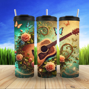 Blumengitarre mit Schmetterlingen Fantasie Thermosbecher