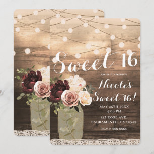 Blumenglas mit Lichtern Rustikale Country Sweet 16 Einladung