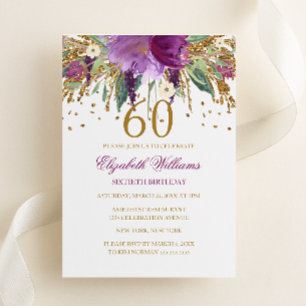 Blumenglitter funkelnder Amethyst 60. Geburtstag Einladung