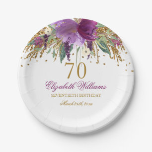 Blumenglitter funkelnder Amethyst 70. Geburtstag Pappteller