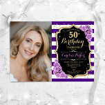 Blumengold Lila Foto 50. Geburtstag Einladung<br><div class="desc">Elegante florale feminine 50. Geburtstagseinladung mit Ihrem Foto. Glam lila,  schwarz,  weiß mit Imitaten Glitzer Gold. Enthält Streifen,  Lavendel-Rose,  Skript-Schriftart und Konfetti. Ideal für ein stilvolles Party für Erwachsene. Personalisieren Sie Ihre persönlichen Daten. Kann für jedes Alter angepasst werden! Gedruckte Zazzle Einladungen oder Sofortdownload digitalen druckbaren Vorlage.</div>