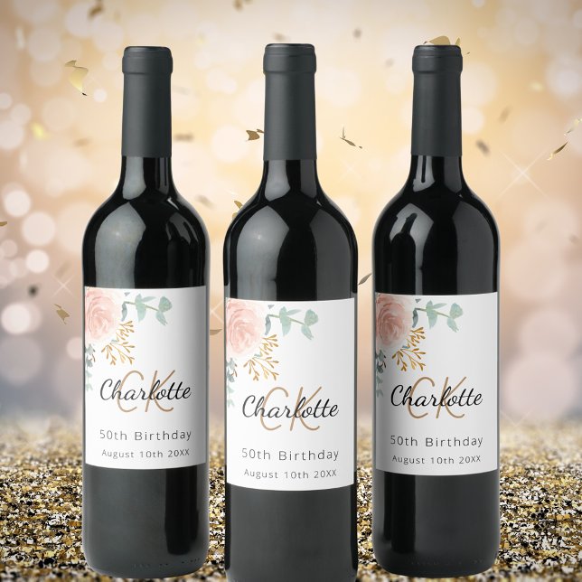 Blumengold-Monogramm Geburtstagsparty Weinetikett (Von Creator hochgeladen)