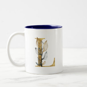Blumengold Navy Blue Blätter Monogram Personalisie Zweifarbige Tasse