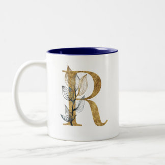 Blumengold Navy Blue Blätter Monogram Personalisie Zweifarbige Tasse