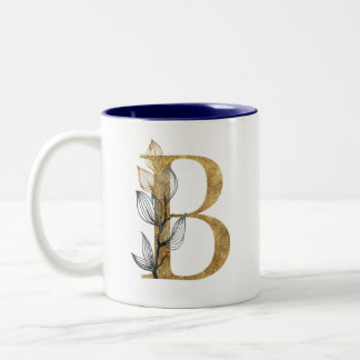 Blumengold Navy Blue Blätter Monogram Personalisie Zweifarbige Tasse