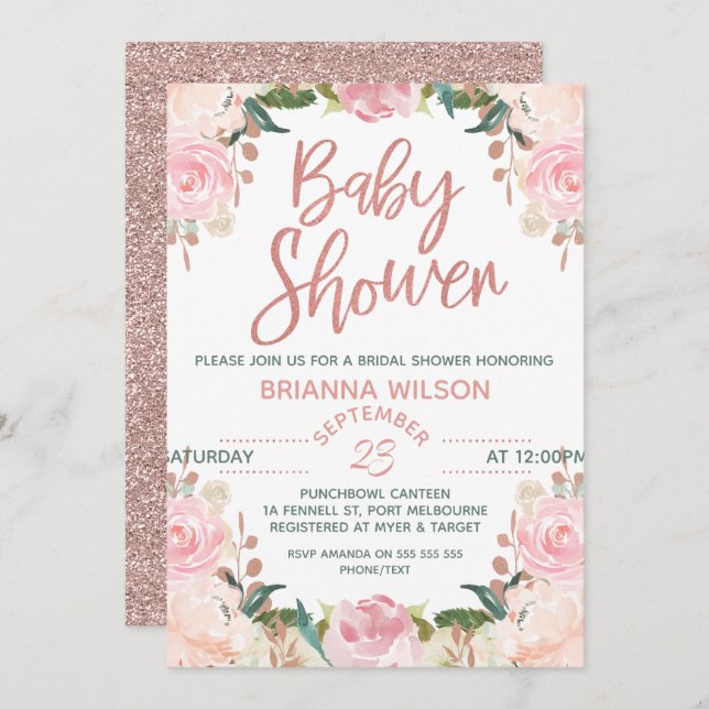 Blumengolddusche Rose Einladung (Vorne/Hinten)