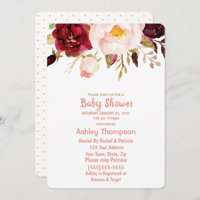 Blumengolden und Pink Girls Kinderdusche Einladung (Vorne/Hinten)