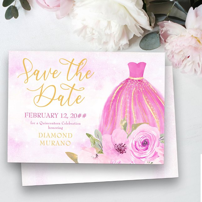 Blumengolden und rosa Prinzessenbraun Save The Date (Save the Date invitation from my Galaxy Floral Princess Quinceanera collection
)