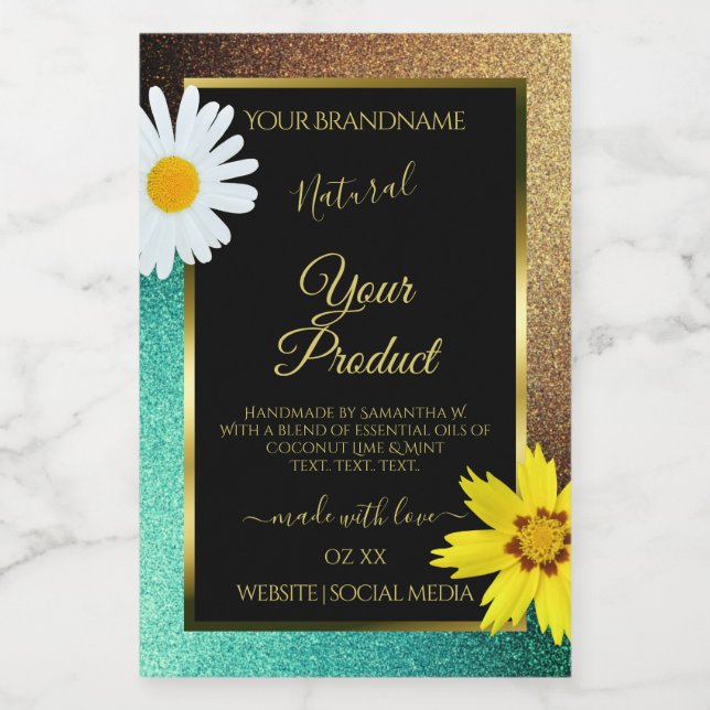 Blumengoldfarben und Aquamarine Schwarze Glitzer Lebensmitteletikett (Einzelnes Label)