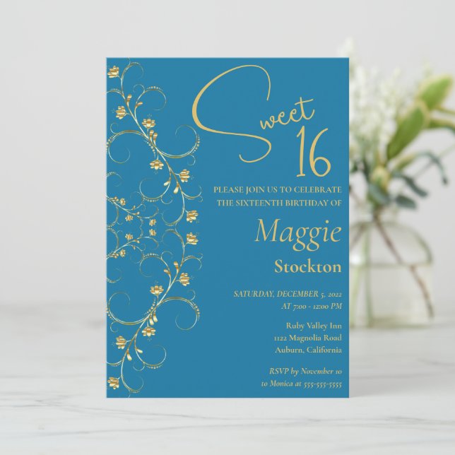 Blumengoldgrenze Sweet 16 Einladung (Stehend Vorderseite)