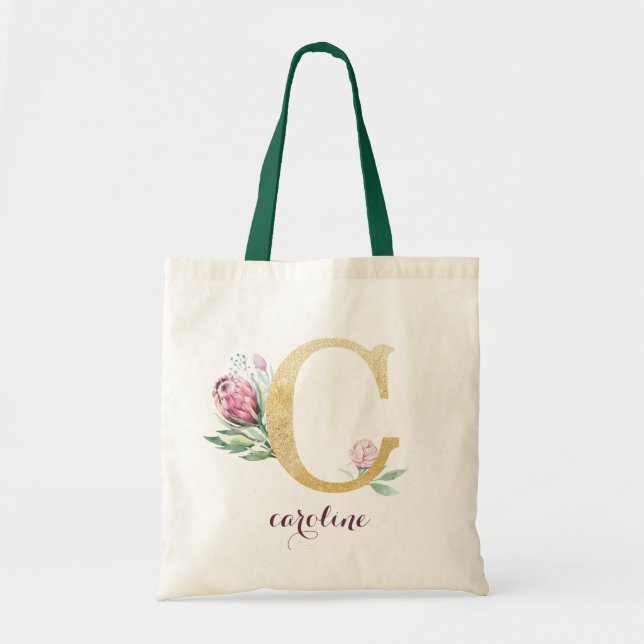 Blumengoldgrün Lila Personalisierte Monogramm Tragetasche (Vorne)