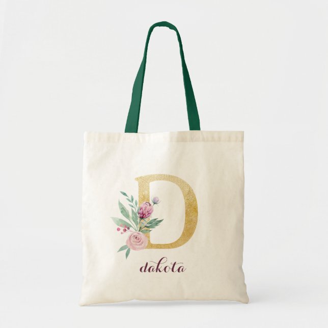 Blumengoldgrün Lila Personalisierte Monogramm Tragetasche (Vorne)