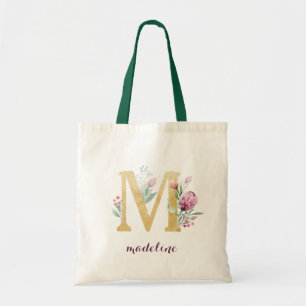 Blumengoldgrün Lila Personalisierte Monogramm Tragetasche