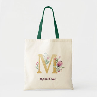 Blumengoldgrün Lila Personalisierte Monogramm Tragetasche