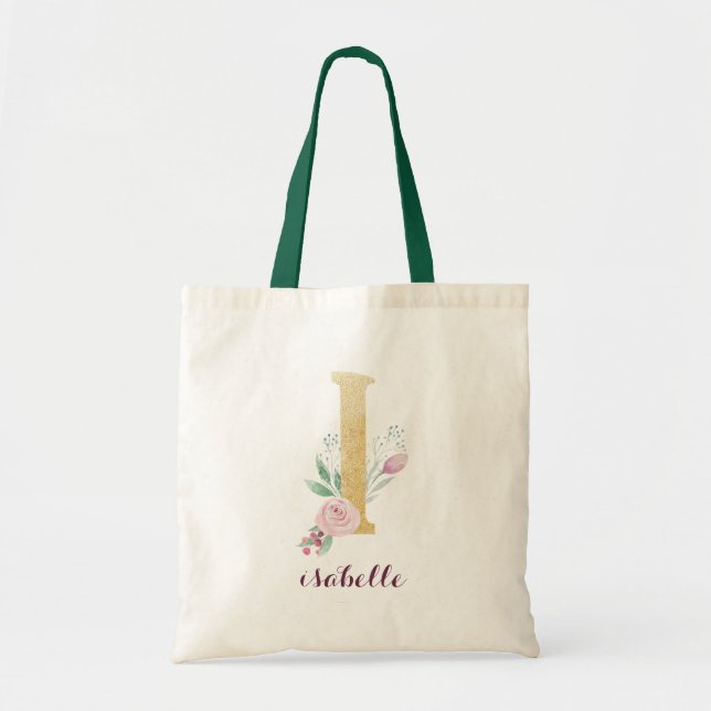 Blumengoldgrün Lila Personalisierte Monogramm Tragetasche (Vorne)