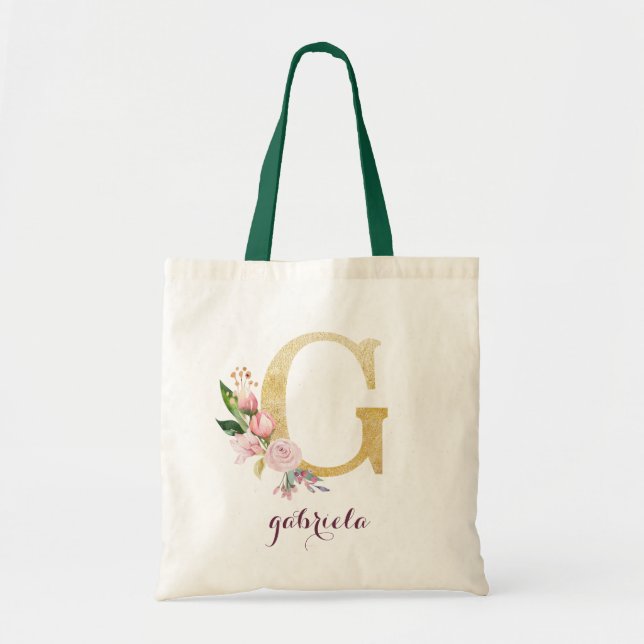 Blumengoldgrün Lila Personalisierte Monogramm Tragetasche (Vorne)