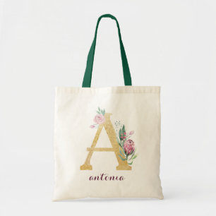 Blumengoldgrün Lila Personalisierte Monogramm Tragetasche