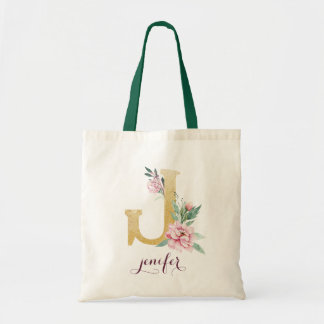 Blumengoldgrün Lila Personalisierte Monogramm Tragetasche
