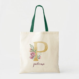 Blumengoldgrün Lila Personalisierte Monogramm Tragetasche