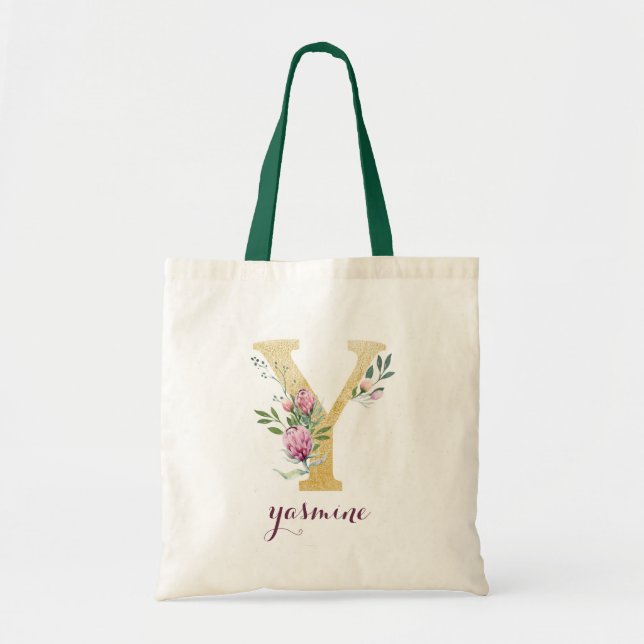 Blumengoldgrün Lila Personalisierte Monogramm Tragetasche (Vorne)