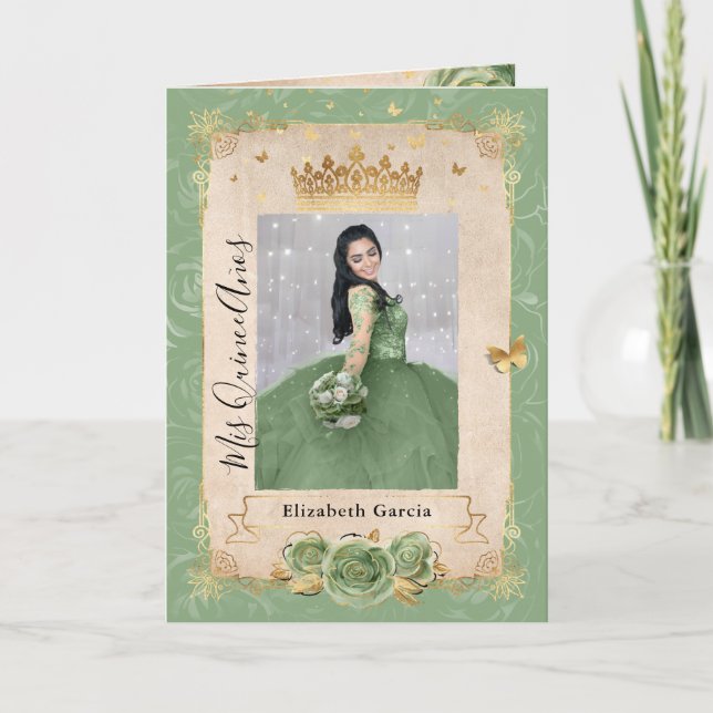 Blumengoldmagen Grünes Quinceañera Foto geklappt Einladung (Vorderseite)
