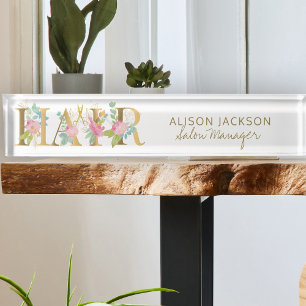 Blumengoldpink-Typografie Haarsalonmanager Namensplakette