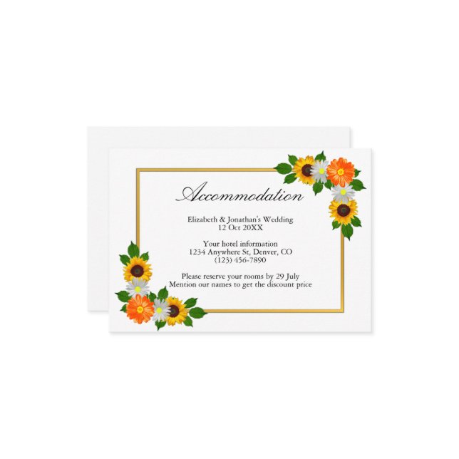 Blumengoldrahmen Hochzeitsunterkunft Begleitkarte (Vorderseite/Rückseite Beispiel)