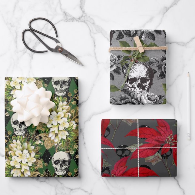 Blumengotik Grunge Weihnachten Skull Muster Geschenkpapier Set (Vorderseite)