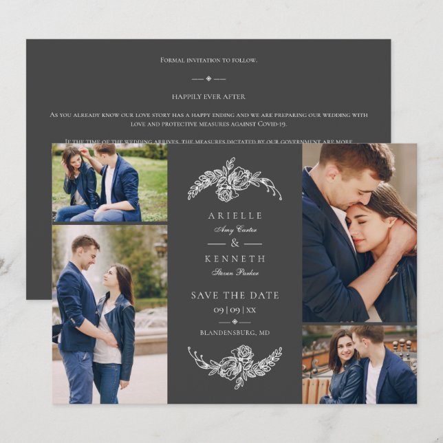 Blumengrau 4 Fotos Minimalistische Collage Wedding (Vorne/Hinten)