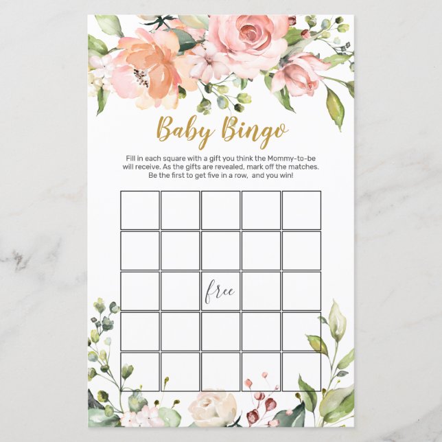 Blumengrün Baby Shower Bingo Game Paper Sheet (Vorderseite)