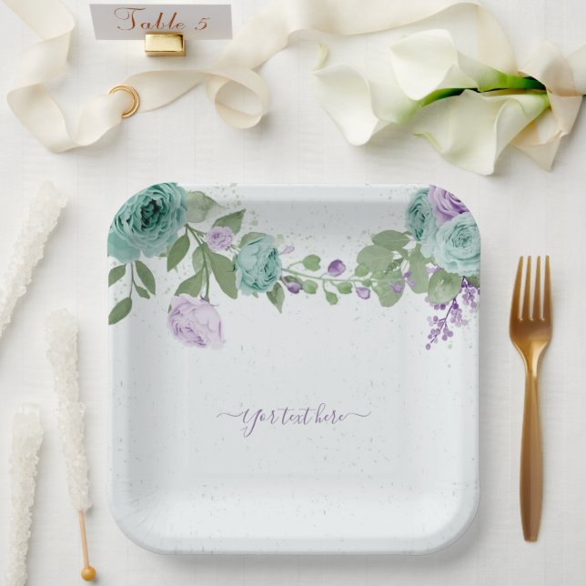 Blumengrün, blau-violett, botanische Papiertüte Pappteller (Hochzeit)