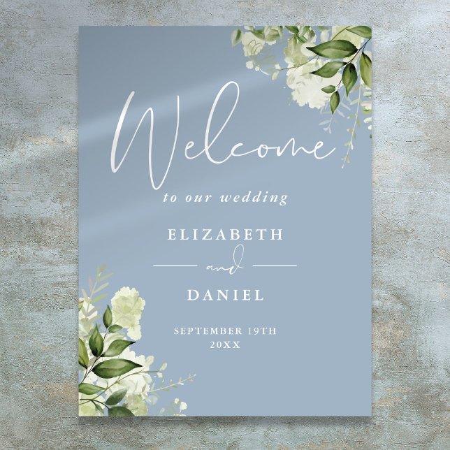 Blumengrün, Blumenzwiebeln Begrüßungszeichen Poster (Dusty Blue Greenery Floral Wedding Welcome Sign)