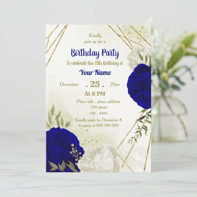 Blumengrün der königsblauen Blume Geburtstag Einladung (Stehend Vorderseite)