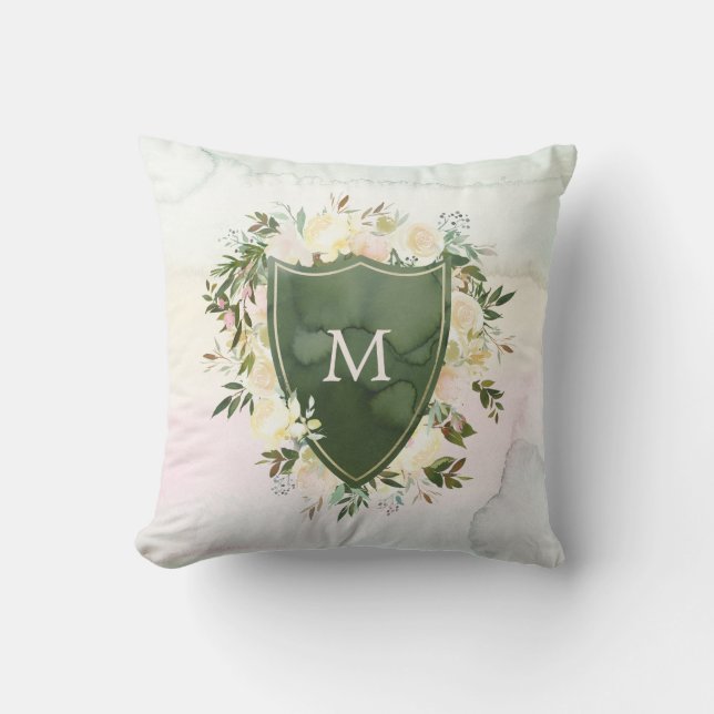 Blumengrün des watercolor-Wappen-| mit Monogramm Kissen (Vorderseite)