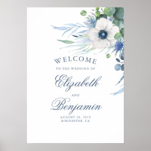 Blumengrün Dusty Blue Wedding Begrüßungszeichen Poster