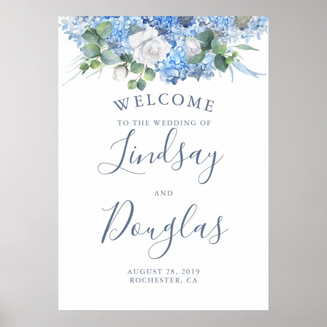 Blumengrün Dusty Blue Wedding Begrüßungszeichen Poster (Vorne)