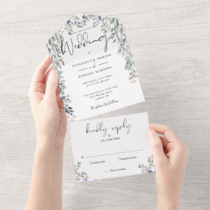Blumengrün Elegante Skript-Hochzeit All In One Einladung
