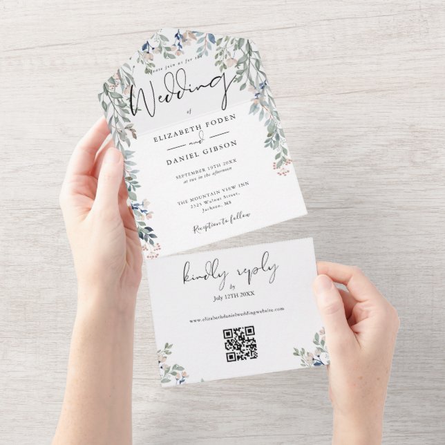 Blumengrün Elegantes Script QR Code Hochzeit All In One Einladung (Abreißen)